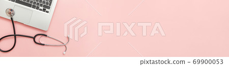 Stethoscope keyboard laptop computer isolated on pink background. Modern medical Information technology and sofware advances concept. Computer and gadget diagnostics and repair Stethoscope keyboard laptop computer isolated on pink background. Modern medical Information technology and sofware advances concept. Computer and gadget diagnostics and repair 69900053