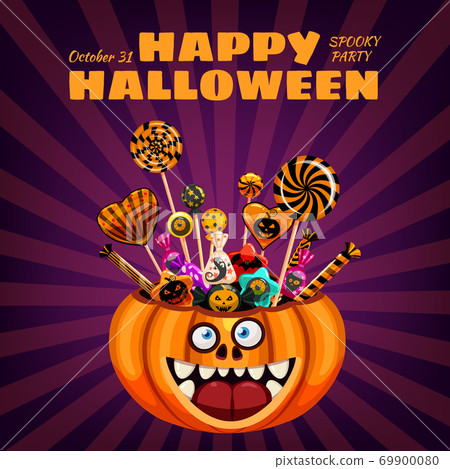 Happy Halloween Pumpkin Bag basket full of Candies and Sweets. Autumn october holiday tradition celebration banner poster template. Vector illustration isolated 69900080