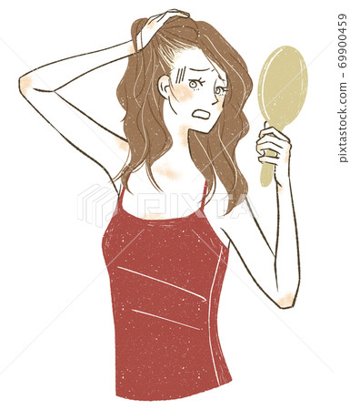 Woman suffering from gray hair Woman suffering from gray hair 69900459