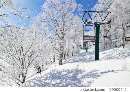 Go on a slope surrounded by a silver world by lift [Ski resort image] 69900941