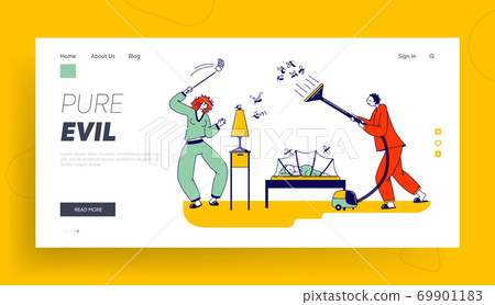 Couple Characters Fighting with Mosquito at Night Landing Page Template. Man and Woman Use Vacuum Cleaner or Fly Swatter 69901183