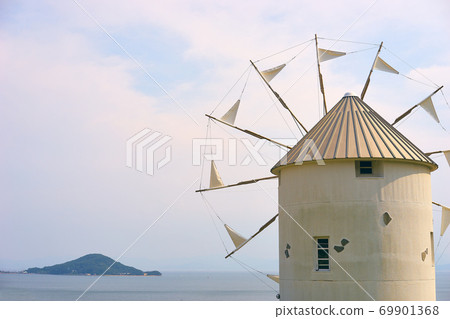Shodoshima Olive Park. Greek windmill. The scenery of the sky, the sea and the island. 69901368