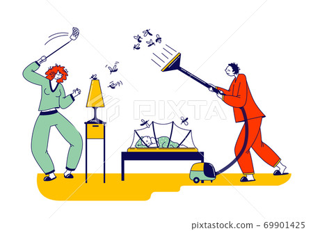 Despair Young Couple Characters Fighting with Mosquito at Night Time, Man and Woman Use Vacuum Cleaner and Fly Swatter Despair Young Couple Characters Fighting with Mosquito at Night Time, Man and Woman Use Vacuum Cleaner and Fly Swatter 69901425