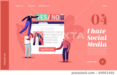 Social Account Deactivation Landing Page Template. Tiny Male Female Characters Push Deleting Button at Huge Web Page 69901488