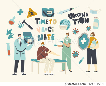 Medical Vaccination, Health Immunization Concept. Character Hold Huge Shield, Nurse Making Vaccine Shot to Man in Mask 69901518