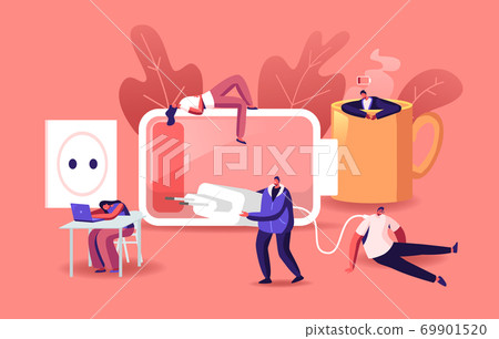 Fatigue, Low Energy and Working Burnout Concept. Tiny Male Female Exhausted Business People Characters Sleep and Relax 69901520