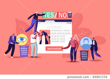 Social Account Deactivation. Tiny Male Female Characters at Huge Web Page with Social Network Page Deleting Information 69901556