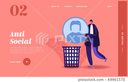 Social Account Deactivation Landing Page Template. Tiny Male Character Throw Huge Avatar Icon to Litter Bin from Network 69901578