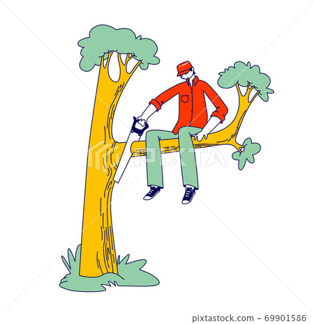 Stupid Male Character Sawing Off the Tree Branch He is Sitting on. Man Idiot or Fool Harm to himself, Making Mistake Stupid Male Character Sawing Off the Tree Branch He is Sitting on. Man Idiot or Fool Harm to himself, Making Mistake 69901586