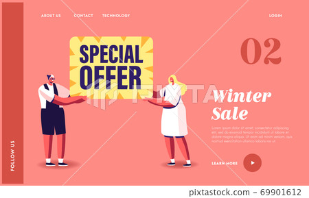 Special Offer, Sale Landing Page Template. Man and Woman Promoters Characters Hold Banner with Promotion Text Special Offer, Sale Landing Page Template. Man and Woman Promoters Characters Hold Banner with Promotion Text 69901612