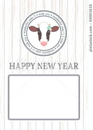 New Year 2021 Ox Year White wood background and New Year's card of cow [with frame] 69901638