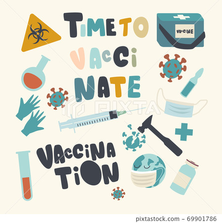 Set of Icons Medical Vaccination and Health Immunization Theme. Bio Hazard Sign, Medic Box with Medicine Drug or Syringe 69901786