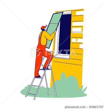 Worker Stand on Ladder Installing Mosquito Net on Plastic Window from Outside of Cottage Building. Protection of Insects 69901787