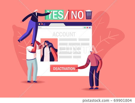Social Account Deactivation Concept. Tiny Male and Female Characters Push Deleting Button at Huge Web Page, Cancel Info 69901804