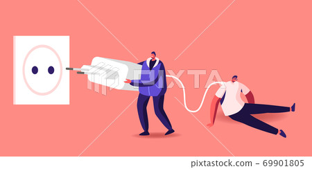 Tiny Character Put Huge Plug into Socket to Recharge Tired and Exhausted Business Man Sitting with Low Life Energy 69901805