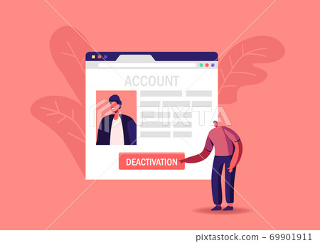 Male Character Push Deactivation Button Delete Social Account. Tiny Man at Huge Network Web Page Deleting Private Info 69901911