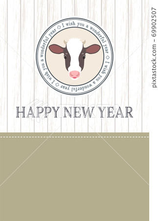 New Year 2021 Ox year with white wood background and cow feminine New Year's card New Year 2021 Ox year with white wood background and cow feminine New Year's card 69902507