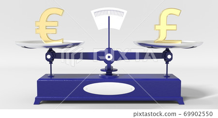 Euro symbol weighs the same as Pound sterling sign on balance scales. Financial market conceptual 3d rendering Euro symbol weighs the same as Pound sterling sign on balance scales. Financial market conceptual 3d rendering 69902550