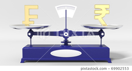 Swiss franc symbol weighs the same as Rupee sign on balance scales. Financial market conceptual 3d rendering Swiss franc symbol weighs the same as Rupee sign on balance scales. Financial market conceptual 3d rendering 69902553