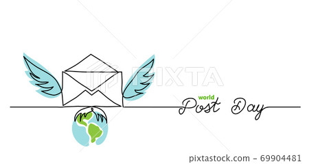 World post day simple web banner, background. One continuous line drawing of mail with wings with text Post Day 69904481