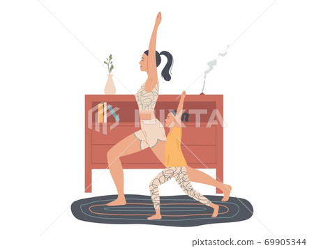 Mother and child practice yoga at home, do an exercise warrior pose. Mother and child practice yoga at home, do an exercise warrior pose. 69905344