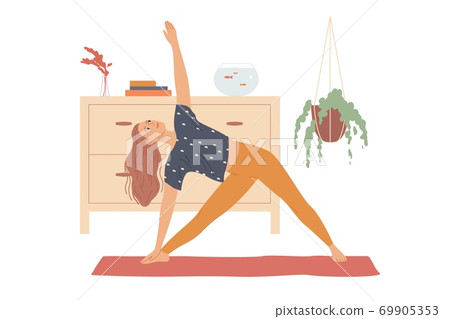 Woman performs yoga exercises by bending to the side and raising her hand - a triangle pose, three corners or Trikonasana. Woman performs yoga exercises by bending to the side and raising her hand - a triangle pose, three corners or Trikonasana. 69905353
