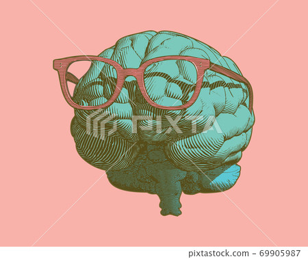 Engraving brain with eyeglasses illustration on pink BG 69905987