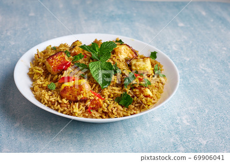 vegetarian paneer biryani at light blue background. vegetarian paneer biryani at light blue background. 69906041