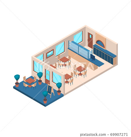 Pizzeria Interior with Furniture Isometric View. Vector 69907271