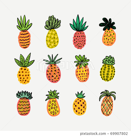 Set of cute sunny pineapples. 69907802