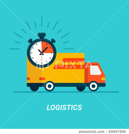Logistics concept. Delivery service Truck. Flat style on blue. Fast Shipping by car or truck. Express delivery. Van flat icon on blue background. Logistic. Logistics concept. Delivery service Truck. Flat style on blue. Fast Shipping by car or truck. Express delivery. Van flat icon on blue background. Logistic. 69907806