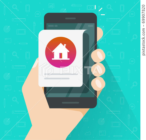 Home house info notice online message on mobile phone person hand vector flat cartoon illustration, man smart cellphone notification digital app on device, rent or sell application concept Home house info notice online message on mobile phone person hand vector flat cartoon illustration, man smart cellphone notification digital app on device, rent or sell application concept 69907820