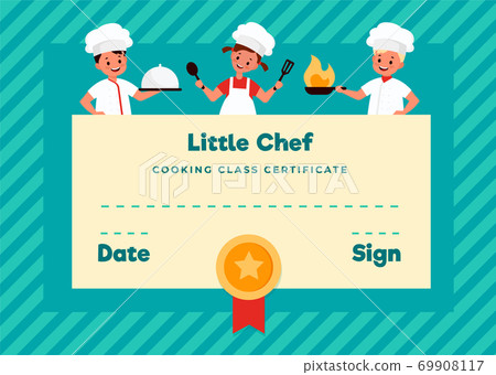 Kids cooking class certificate. Cooking school young chefs, culinary lesson for little cooks, children study to cook food, boy and girl in kitchen uniform, diploma vector flat template 69908117