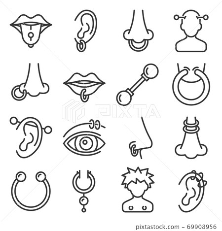 Body Piercing and Piercings Jewelry Icons Set. Vector 69908956