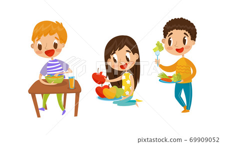 Cute Boy and Girl Character Eating Healthy Food for Lunch Vector Set 69909052