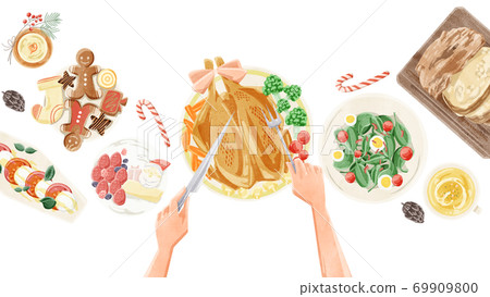 Christmas party dining table landscape watercolor illustration Christmas party dining table landscape watercolor illustration 69909800