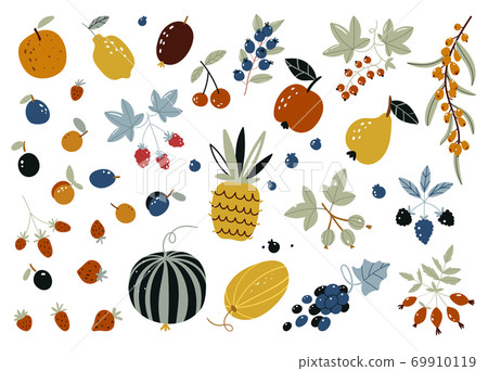 Autumn harvest of fruits, berries and vegetables in flat style isolated on white background. Cute freehand drawings to create a poster or card. Doodle fruits. vector hand drawn scandinavian style. Autumn harvest of fruits, berries and vegetables in flat style isolated on white background. Cute freehand drawings to create a poster or card. Doodle fruits. vector hand drawn scandinavian style. 69910119