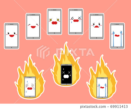 一組智能手機材料，帶有白色邊緣上的微笑和灼熱圖像等表情 69911413