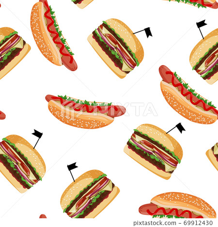Hot dog and burger seamless pattern. Fastfood colorful vector background. Hot dog and burger seamless pattern. Fastfood colorful vector background. 69912430