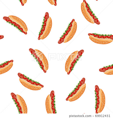 Hot dog seamless pattern. Fastfood colorful vector background. Hot dog seamless pattern. Fastfood colorful vector background. 69912431