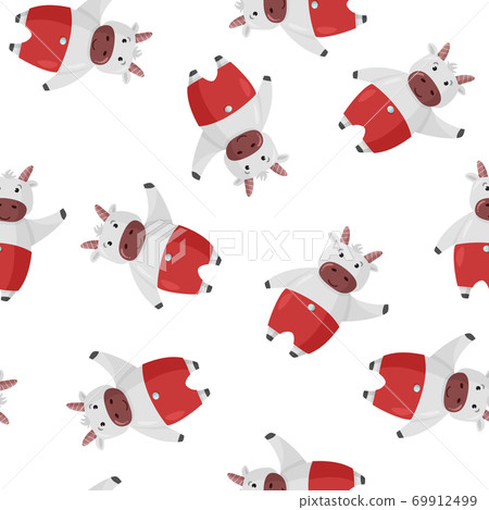 Cute cartoon cow christmas character background. Seamless pattern with ox fow new year design. Cute cartoon cow christmas character background. Seamless pattern with ox fow new year design. 69912499