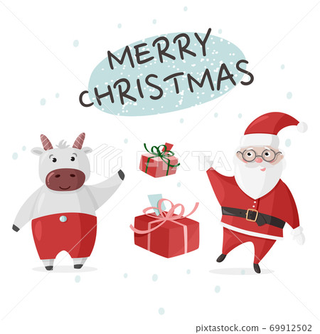 Merry Christmas colorful poster, greeting card. Vector illustration with Santa Claus and Ox cute character. Merry Christmas colorful poster, greeting card. Vector illustration with Santa Claus and Ox cute character. 69912502