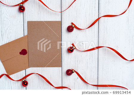 New year greeting background with red ribbons and baubles 69913454