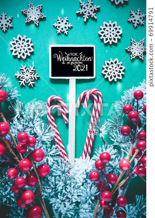 Green Background, Fir Branch, Sign, Glueckliches 2021 Means Happy 2021 69914791