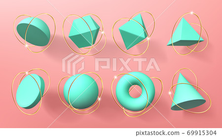 Turquoise 3d geometric shapes with golden rings 69915304