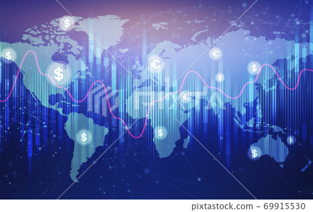 Global Economy And Currency Exchange Graphs Over Blue Background, Illustration Global Economy And Currency Exchange Graphs Over Blue Background, Illustration 69915530