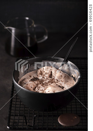 melted vanilla ice cream with chocolate 69916428