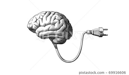 Brain with electric plug vintage drawing...-插圖素材[69916606