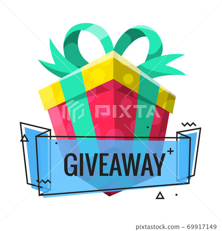 Giveaway winner present. Gift poster for social media post. Internet give away poster for bloggers prize announcement random quizes flyer leflet on white background 69917149