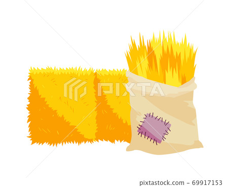 Golden color bale of hay. Bale of hay or straw isolated on white background. Bag of hay. Flat dried haystack, farming haymow bale hayloft, agricultural rural haycock 69917153